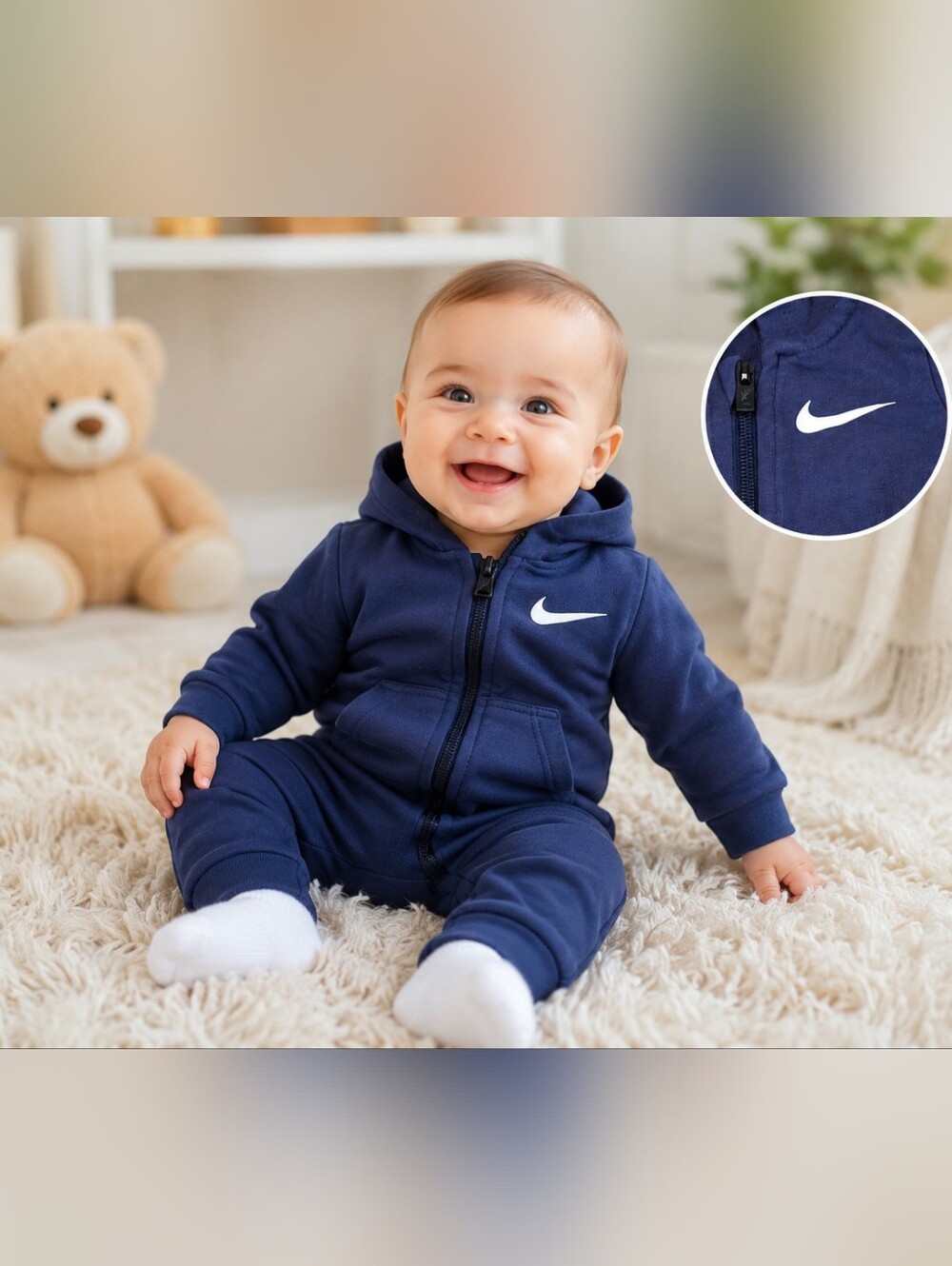 Nike Baby Boys Navy Hooded Zip Romper 3M Cozy One Piece Outfit #2184